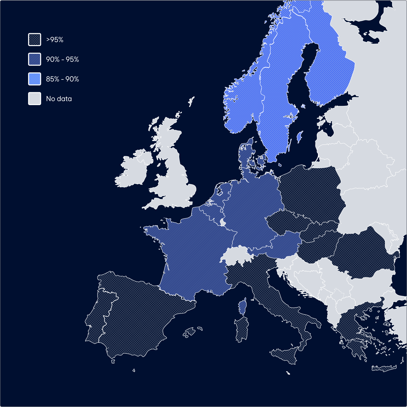 Map of Europe with results per country. Details in table below with caption Ranked test results per member state.