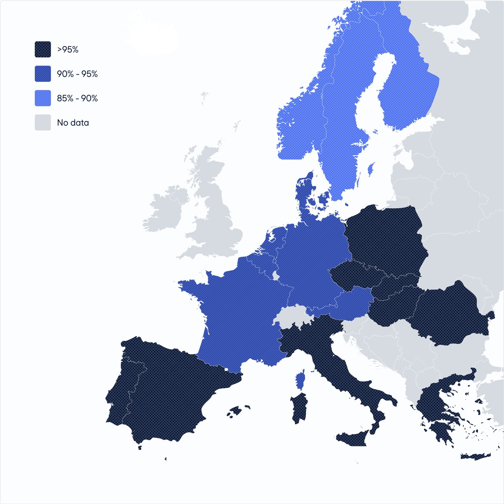 Map of Europe with results per country. Details in table below with caption Ranked test results per member state.